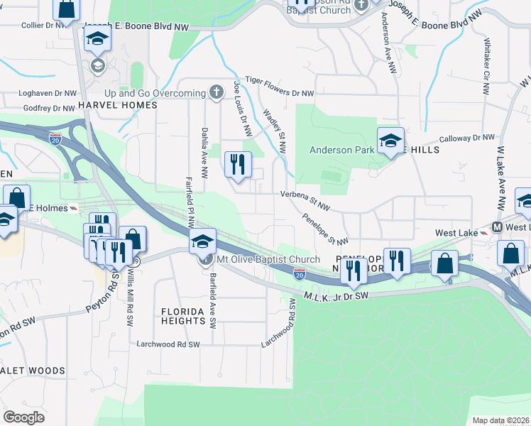 map of restaurants, bars, coffee shops, grocery stores, and more near 117 Lamar Avenue Northwest in Atlanta