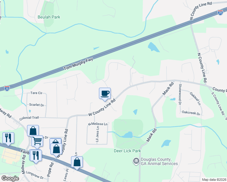 map of restaurants, bars, coffee shops, grocery stores, and more near 1900 September Way in Douglasville