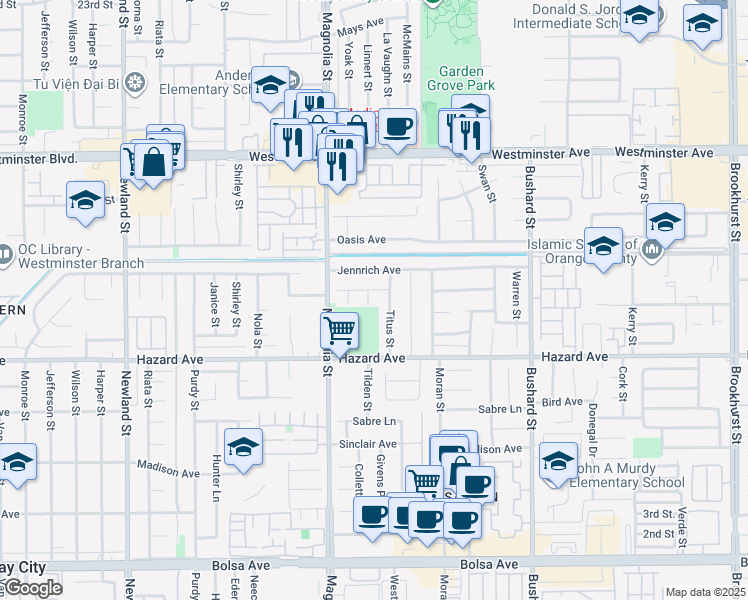 map of restaurants, bars, coffee shops, grocery stores, and more near 14342 Tilden Street in Westminster