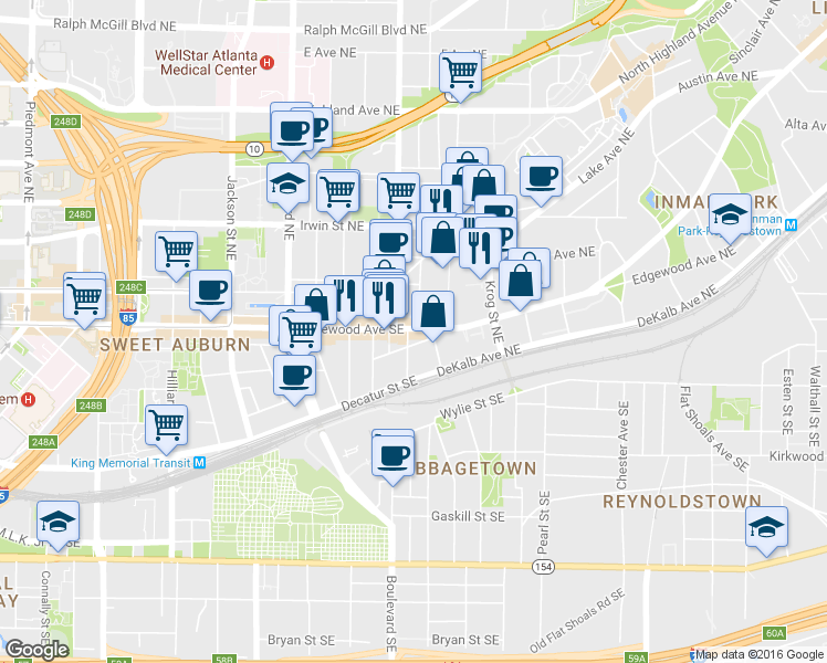 map of restaurants, bars, coffee shops, grocery stores, and more near 619 Edgewood Avenue Southeast in Atlanta