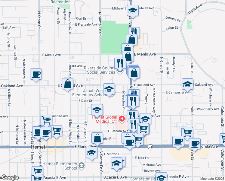 map of restaurants, bars, coffee shops, grocery stores, and more near 1010 East Campus Way in Hemet