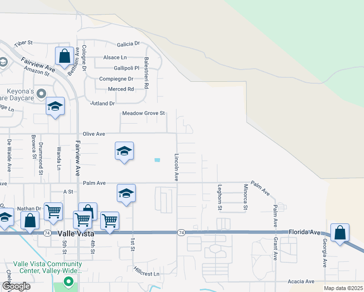 map of restaurants, bars, coffee shops, grocery stores, and more near 44531 Grovewood Circle in Hemet