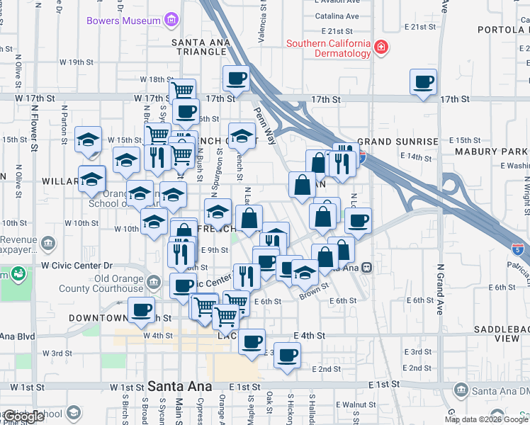 map of restaurants, bars, coffee shops, grocery stores, and more near 934 North Garfield Street in Santa Ana
