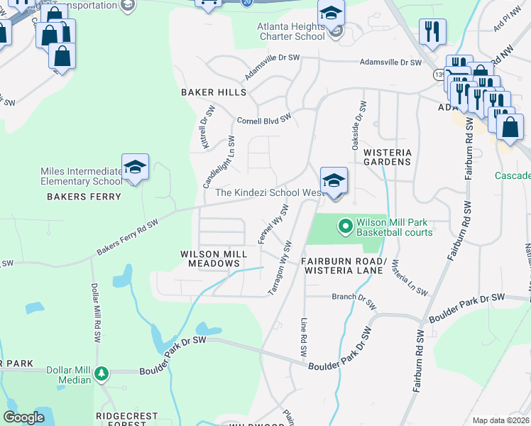 map of restaurants, bars, coffee shops, grocery stores, and more near 3970 Bakers Ferry Road Southwest in Atlanta