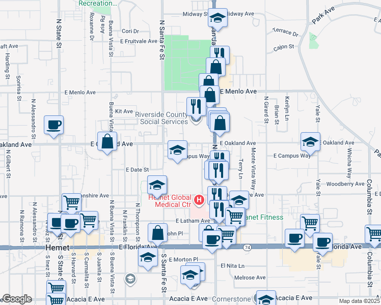 map of restaurants, bars, coffee shops, grocery stores, and more near 1118 East Campus Way in Hemet