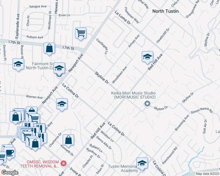 map of restaurants, bars, coffee shops, grocery stores, and more near 1362 Skyline Drive in Santa Ana