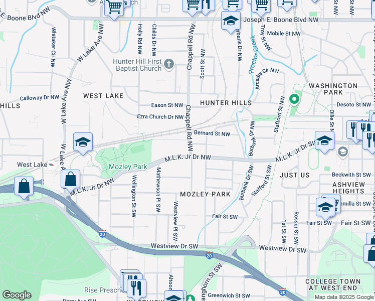 map of restaurants, bars, coffee shops, grocery stores, and more near 22 Chappell Road Northwest in Atlanta