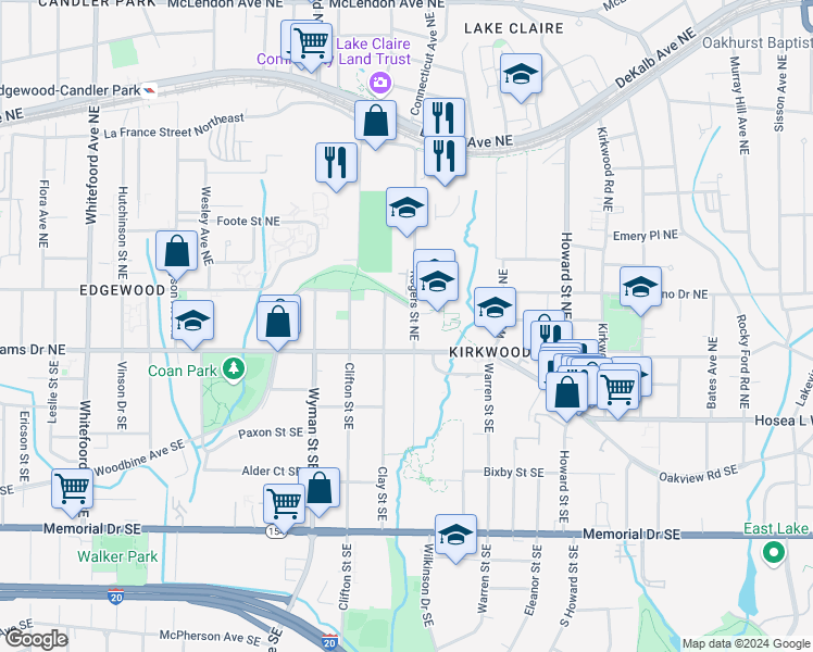 map of restaurants, bars, coffee shops, grocery stores, and more near 34 Rogers Street Northeast in Atlanta