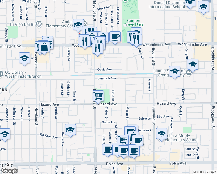 map of restaurants, bars, coffee shops, grocery stores, and more near 14342 Tilden Street in Westminster