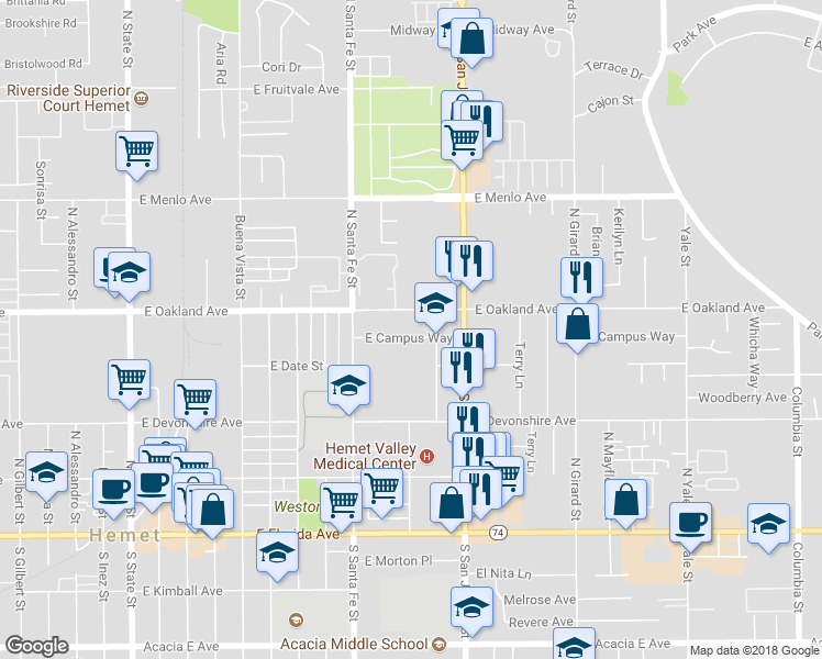 map of restaurants, bars, coffee shops, grocery stores, and more near 1118 East Campus Way in Hemet
