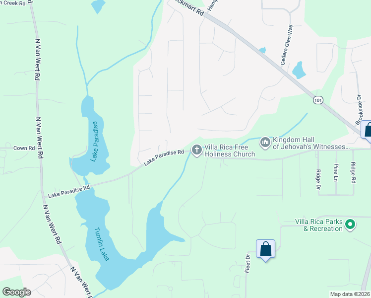 map of restaurants, bars, coffee shops, grocery stores, and more near 2053 Lake Paradise Road in Villa Rica