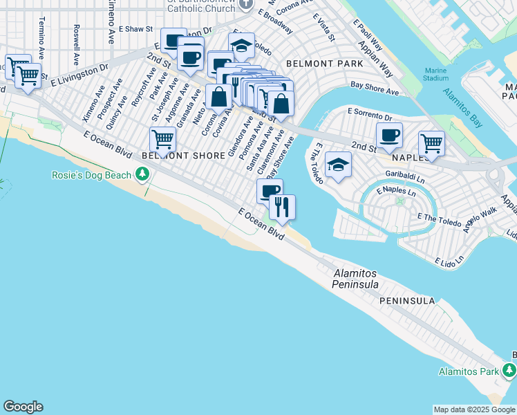 map of restaurants, bars, coffee shops, grocery stores, and more near 20 Bay Shore Avenue in Long Beach