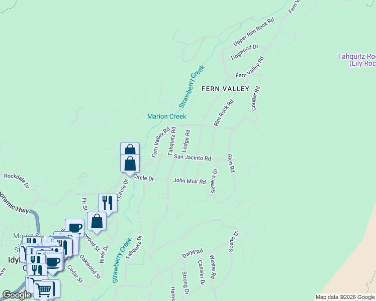 map of restaurants, bars, coffee shops, grocery stores, and more near 25290 Lodge Road in Idyllwild-Pine Cove