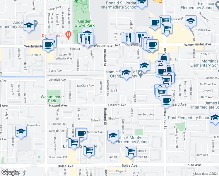 map of restaurants, bars, coffee shops, grocery stores, and more near 14362 Bushard Street in Westminster