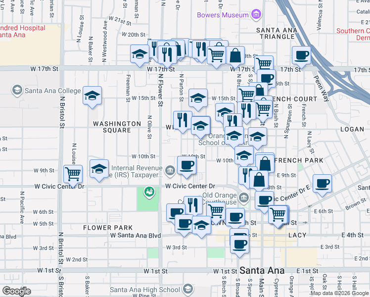 map of restaurants, bars, coffee shops, grocery stores, and more near 1015 North Parton Street in Santa Ana