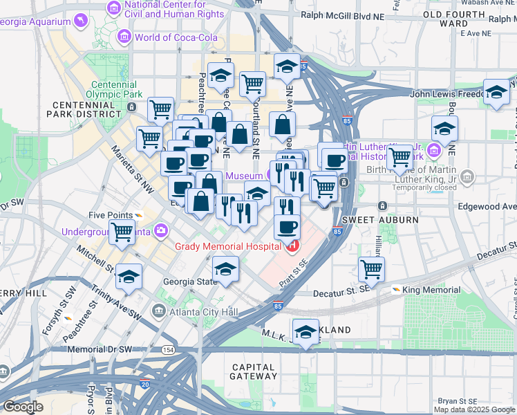 map of restaurants, bars, coffee shops, grocery stores, and more near 124 Edgewood Avenue Northeast in Atlanta