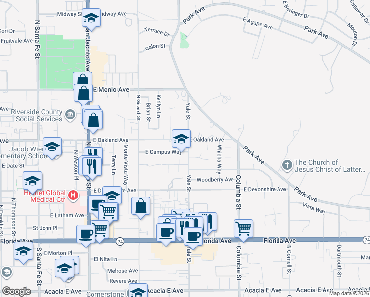 map of restaurants, bars, coffee shops, grocery stores, and more near 2064 East Campus Way in Hemet