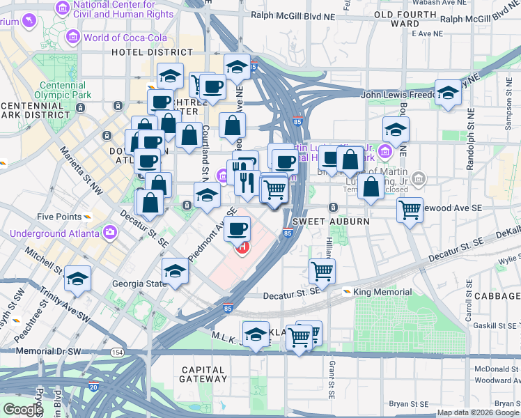 map of restaurants, bars, coffee shops, grocery stores, and more near 199 Edgewood Avenue Southeast in Atlanta