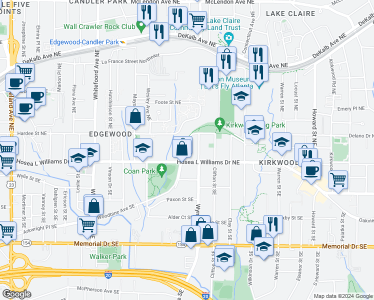 map of restaurants, bars, coffee shops, grocery stores, and more near 1625 Woodbine Avenue Northeast in Atlanta