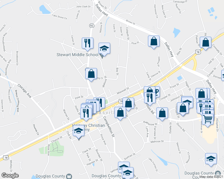 map of restaurants, bars, coffee shops, grocery stores, and more near 8285 Max Court in Douglasville