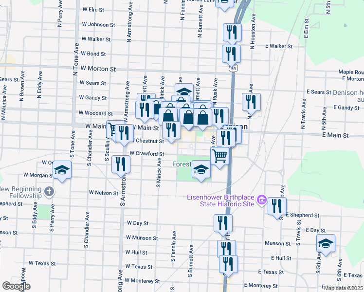 map of restaurants, bars, coffee shops, grocery stores, and more near 430 W Chestnut St in Denison