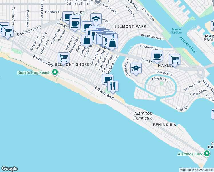 map of restaurants, bars, coffee shops, grocery stores, and more near 54th Place in Long Beach