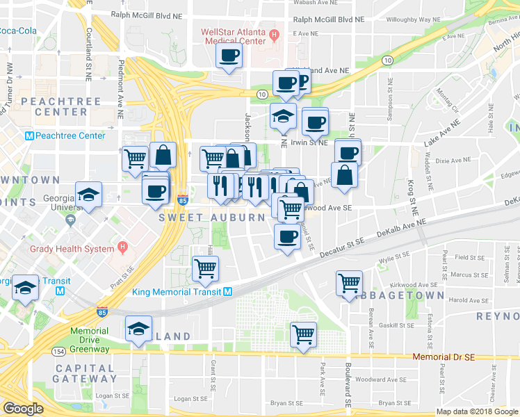map of restaurants, bars, coffee shops, grocery stores, and more near 429 Edgewood Avenue Southeast in Atlanta