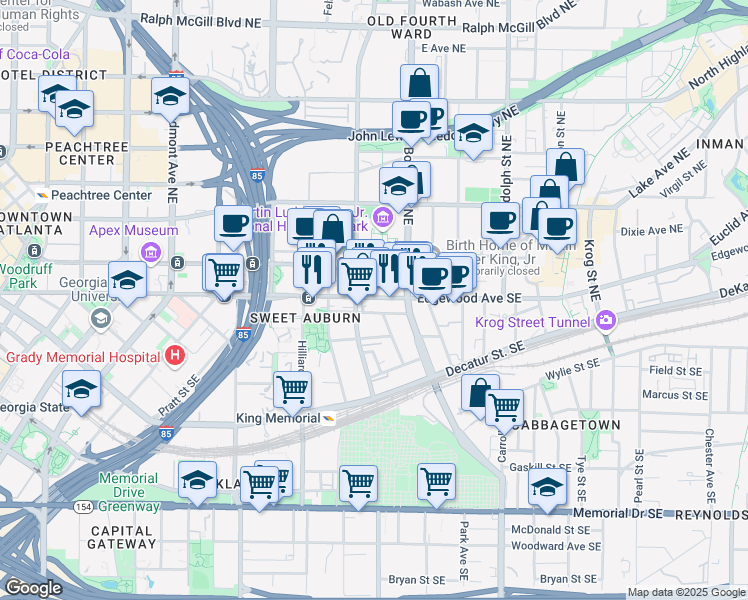 map of restaurants, bars, coffee shops, grocery stores, and more near 429 Edgewood Avenue Southeast in Atlanta