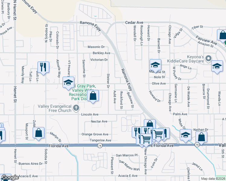 map of restaurants, bars, coffee shops, grocery stores, and more near 25295 Auld Avenue in Hemet