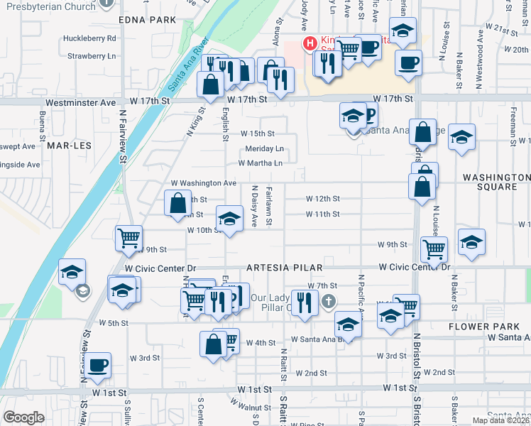 map of restaurants, bars, coffee shops, grocery stores, and more near 1109 Fairlawn Street in Santa Ana