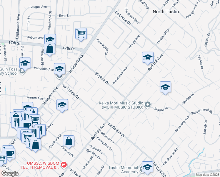 map of restaurants, bars, coffee shops, grocery stores, and more near 1362 Skyline Drive in Santa Ana
