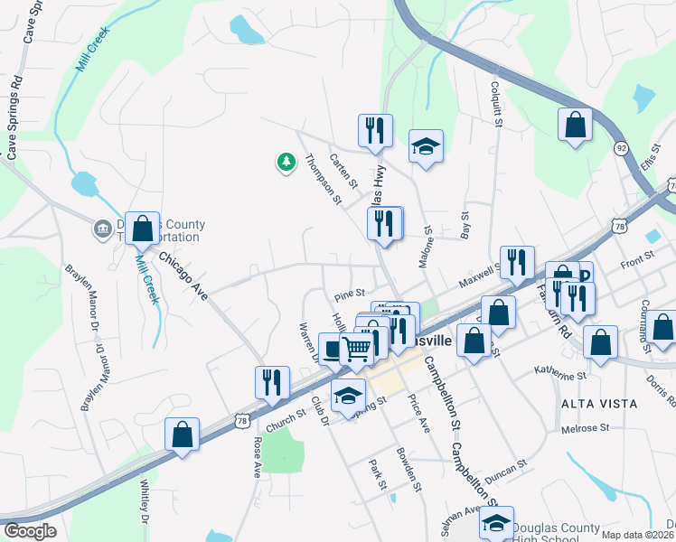 map of restaurants, bars, coffee shops, grocery stores, and more near 6774 James D. Simpson Avenue in Douglasville