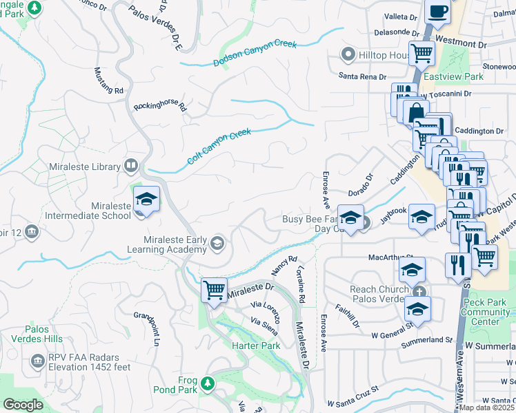 map of restaurants, bars, coffee shops, grocery stores, and more near 6441 Via De Anzar in Rancho Palos Verdes
