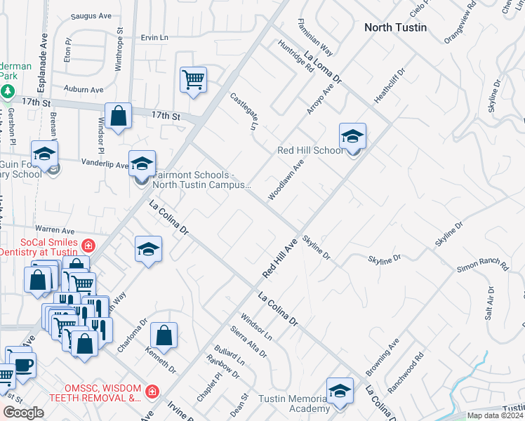 map of restaurants, bars, coffee shops, grocery stores, and more near 1362 Skyline Drive in Santa Ana