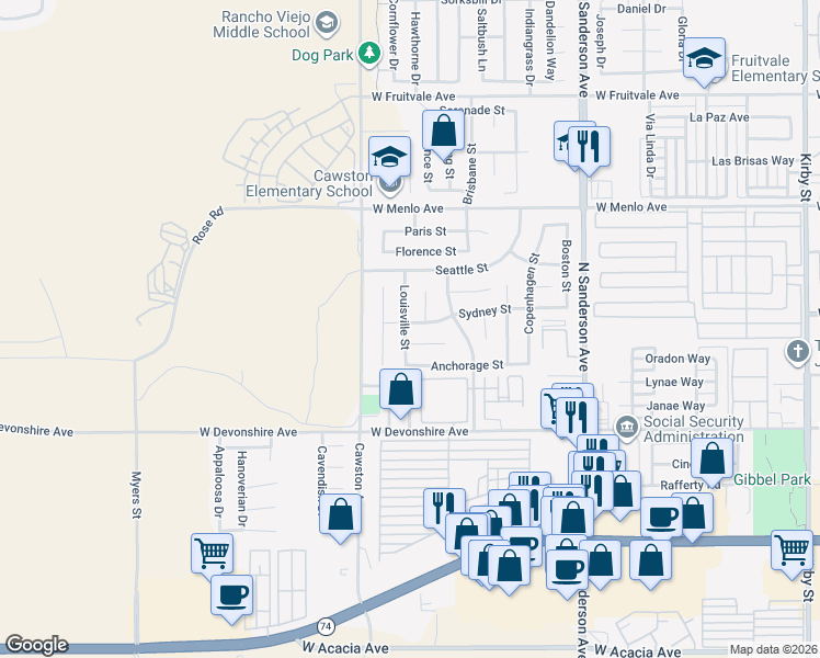 map of restaurants, bars, coffee shops, grocery stores, and more near 3923 Sydney Street in Hemet