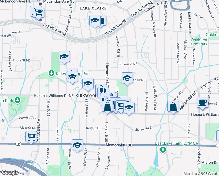 map of restaurants, bars, coffee shops, grocery stores, and more near 87 Howard Street Northeast in Atlanta