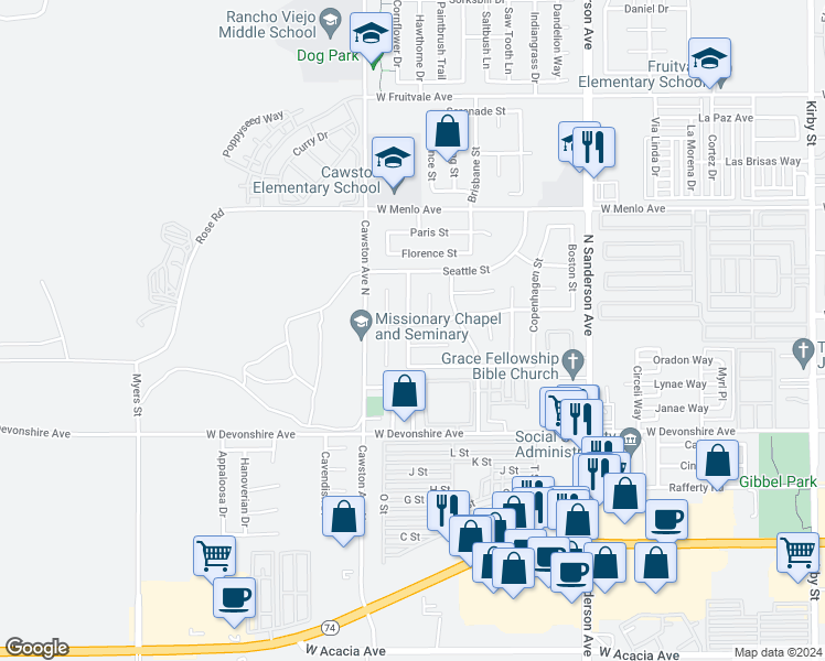 map of restaurants, bars, coffee shops, grocery stores, and more near 3923 Sydney Street in Hemet