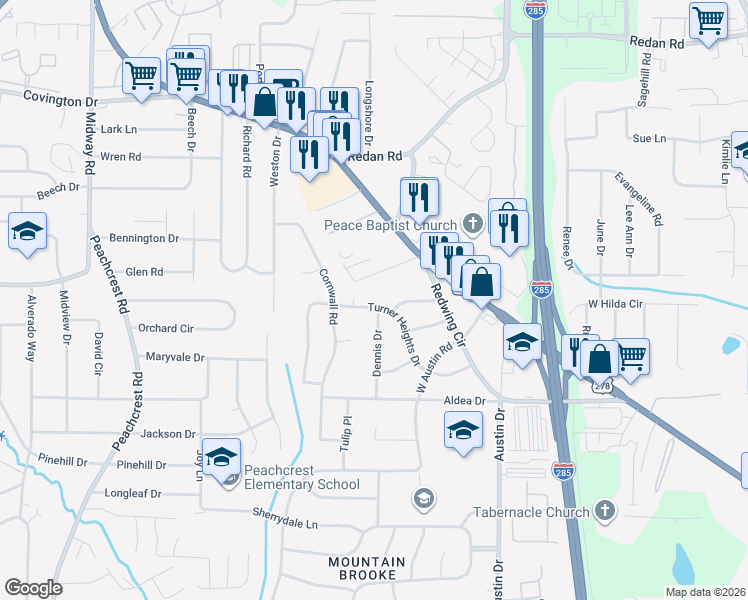 map of restaurants, bars, coffee shops, grocery stores, and more near 3672 Turner Heights Drive in Decatur