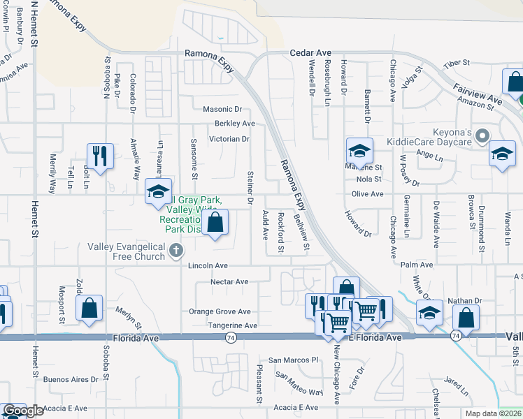map of restaurants, bars, coffee shops, grocery stores, and more near 25295 Auld Avenue in Hemet
