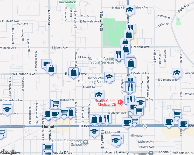 map of restaurants, bars, coffee shops, grocery stores, and more near 458 North Taylor Street in Hemet