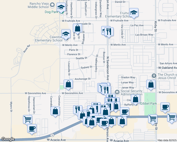 map of restaurants, bars, coffee shops, grocery stores, and more near 466 Melbourne Court in Hemet