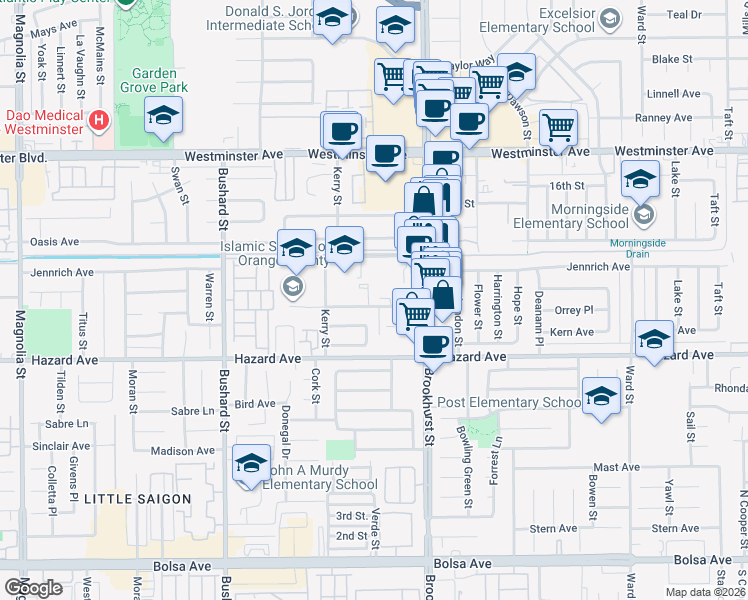 map of restaurants, bars, coffee shops, grocery stores, and more near 9841 11th Street in Garden Grove