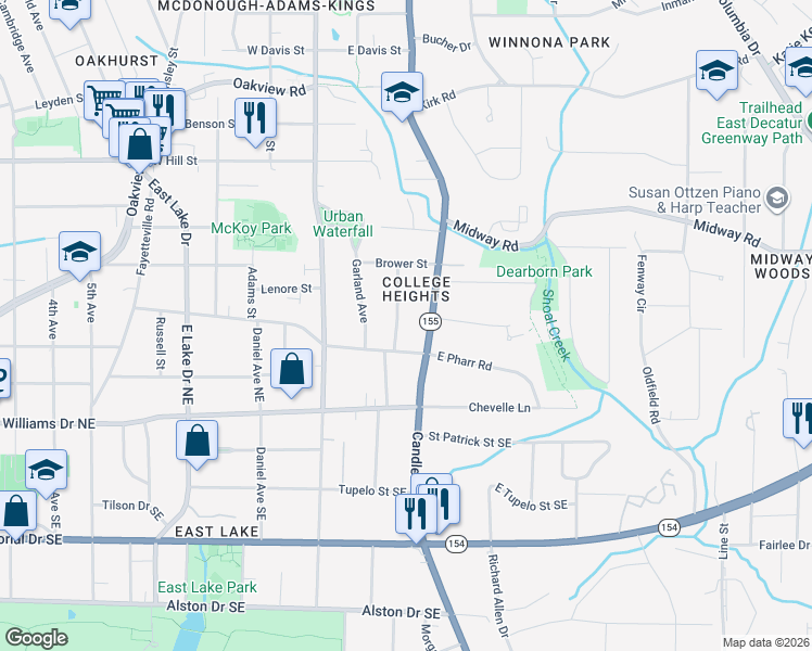 map of restaurants, bars, coffee shops, grocery stores, and more near 150 McClean Street in Decatur