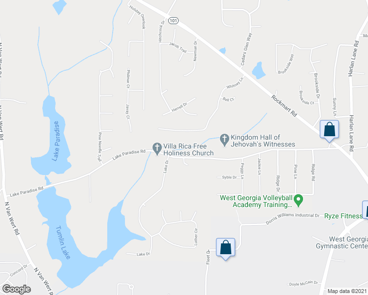 map of restaurants, bars, coffee shops, grocery stores, and more near 1601 Lake Paradise Road in Villa Rica
