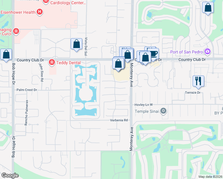 map of restaurants, bars, coffee shops, grocery stores, and more near 67 Calle Manzanita in Rancho Mirage