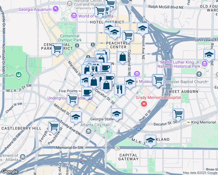 map of restaurants, bars, coffee shops, grocery stores, and more near 50 Hurt Plaza Southeast in Atlanta