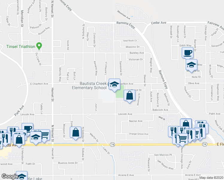 map of restaurants, bars, coffee shops, grocery stores, and more near 441 Lake Street in Hemet