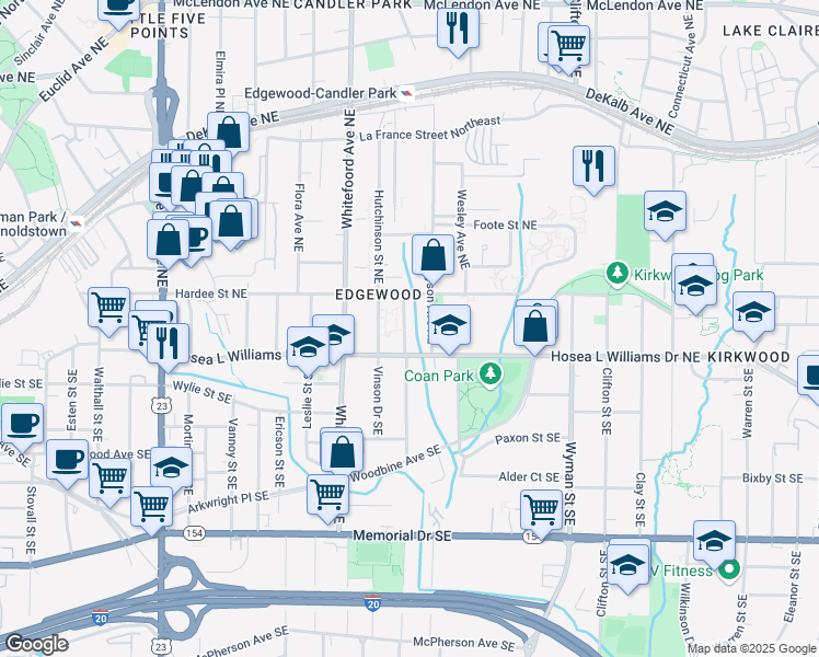 map of restaurants, bars, coffee shops, grocery stores, and more near 27 Montgomery Street Northeast in Atlanta