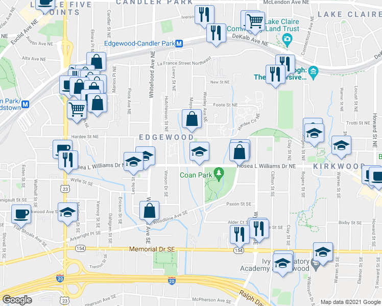 map of restaurants, bars, coffee shops, grocery stores, and more near 31 Mayson Avenue Northeast in Atlanta