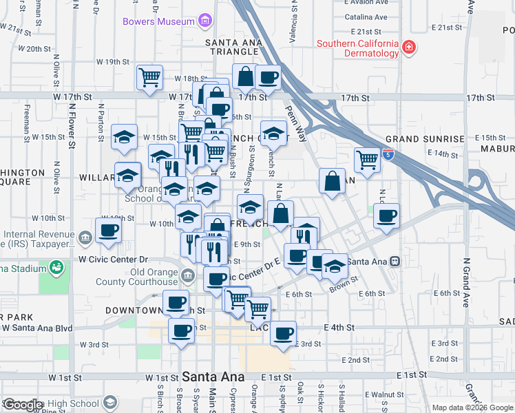 map of restaurants, bars, coffee shops, grocery stores, and more near 1105 North Spurgeon Street in Santa Ana